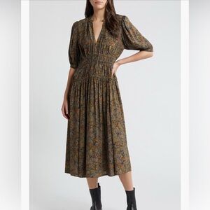 Treasure & Bond Multicolor Floral Smocked Waist Short Sleeve V-Neck Midi Dress
